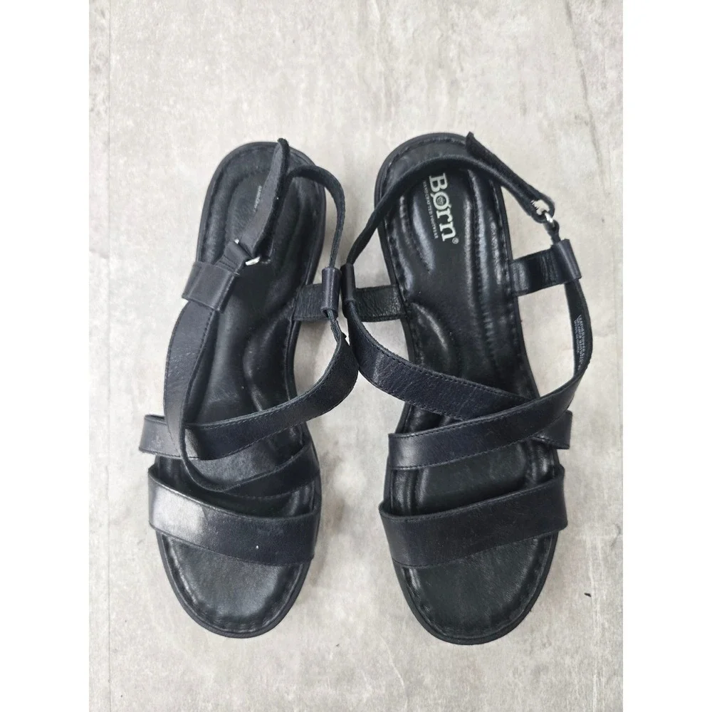 Born Strappy Low Wedge Sandals 11 Black Leather Slingback Comfort Summer Walking